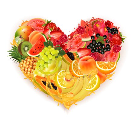 Illustration for Fruits and berries in a splash of juice collected in the shape of a heart. Strawberry, raspberry, blueberry, blackberry, orange, guava, watermelon, pineapple, mango, peach, apple, kiwi, banana. Vector - Royalty Free Image