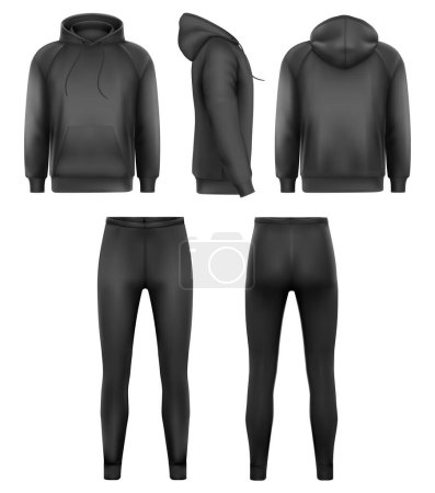 Téléchargez les illustrations : Sweats à capuche noirs vierges et leggings noirs maquette, vue avant et arrière et latérale. Vecteur - en licence libre de droit