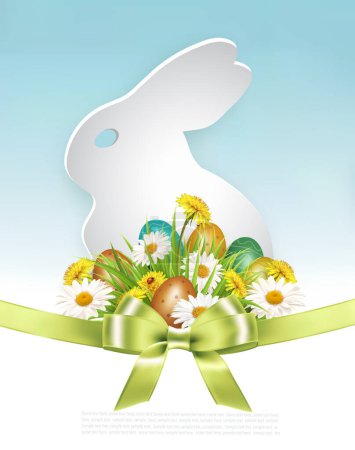 Illustration for Easter Holiday Background with colofrul eggs in green grass and spring flowers and paper rabbit. Vector. - Royalty Free Image