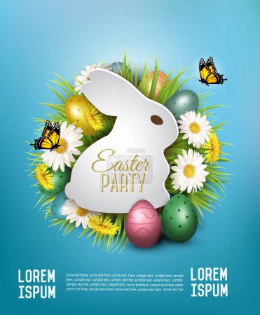 Ilustración de Volante de fiesta de Pascua con huevos de Pascua, flores de primavera, hierba y conejo de papel. Vector. - Imagen libre de derechos