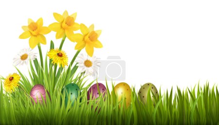 Easter Holiday Background. Colofrul eggs in green grass and  spring flowers. Vector.