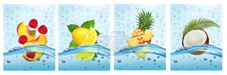 Illustration for Set of labels with fruit and vegetables drink. Fresh fruits juice splashing together- citron, peach, pineapple, coconut in water drink splashing. Vector illustration. - Royalty Free Image