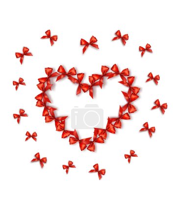 Illustration for Festive card with beautiful red bows folded in the shape of a heart. Red bows collected in the shape of a heart. Gift sale concept. Vector. - Royalty Free Image