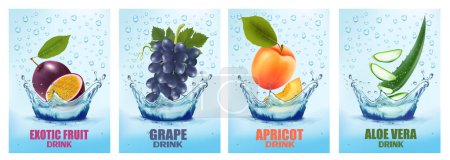 Illustration for Set of labels with fruit and vegetables drink. Fresh fruits juice splashing together- passion fruit, grape, apricot, aloe vera in water drink splashing. 3d fresh fruits. Vector illustration. - Royalty Free Image