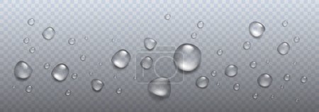 Gotas de lluvia realistas, burbujas de aire, oxígeno en el fondo transparente. Vector
