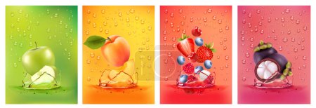 Ilustración de Jugo de frutas frescas salpicando juntos: pera, manzana, ciruela, albaricoque, fresa, mora, jugo de frambuesa, bebida salpicada. frutas frescas 3d. Ilustración vectorial - Imagen libre de derechos