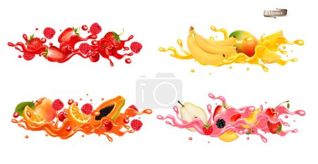 Ilustración de Entero y rebanada de bayas y frutas en un jiuce. Fresas, frambuesas, cerezas, arándanos, maracuyá, plátano, mango, papaya, kiwi en una ola de jugo con salpicaduras. Conjunto de vectores. - Imagen libre de derechos