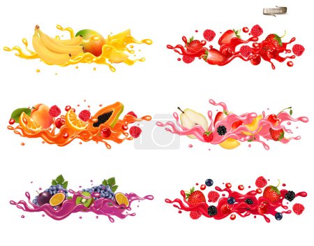 Illustration for Whole and slice of berries and fruit in a jiuce.  Strawberries, raspberries, cherries, blueberries, passion fruit, banana, mango, papaya, kiwi in a wave of juice with splashes. Vector set. - Royalty Free Image