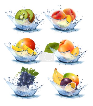 Illustration for Set of different water splashes with fruit and berries. Peach, kiwi, apricot, passion fruit. mango, grape, banana. Vector - Royalty Free Image