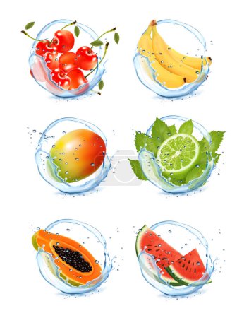 Set of fruits and vegetables in water splashes. Mango, watermelon, cherry, blueberry,  sweet melon, pineapple, strawberry, grape. papaya, banana, guava in water splash and drops. Vector illustration.