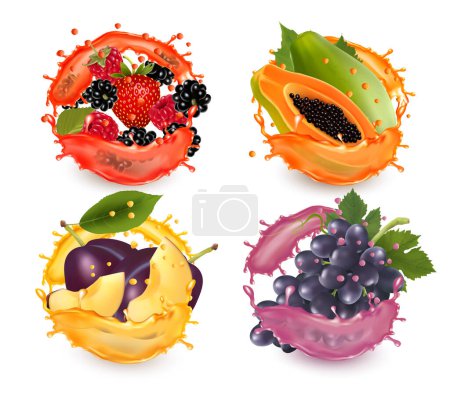 Téléchargez les illustrations : Set de fruits en éclaboussures de jus. Papaye, fraise, mûre, prune, raisin, framboise, vecteur - en licence libre de droit