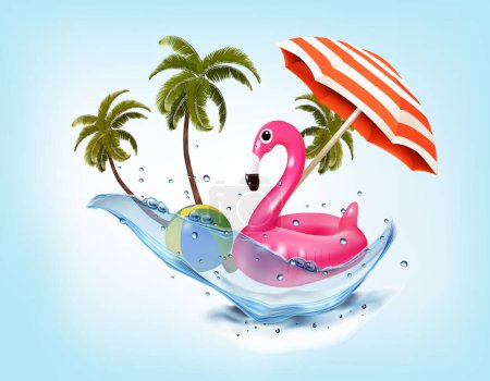 Téléchargez les illustrations : Vacances d'été fond. avec des articles de voyage, flamants roses et palmiers sur l'eau éclaboussure. Vecteur. - en licence libre de droit