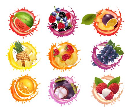 Illustration for Set of fruits and berries in juice splashes. Watermelon,  pineapple, grape. papaya, banana, mango, passion flower, raspberry, mangosteen, strawberry, plum juice drink splashing. Vector - Royalty Free Image