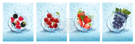 Illustration for A set of labels with fruit and berry drinks. Fresh fruits and berries in water splashes and drops - strawberries, raspberries, blackberries, cherries and grapes. Vector illustration. - Royalty Free Image