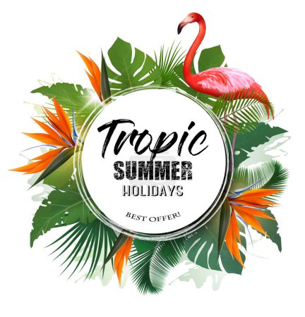 Illustration for Summer Holiday Background With Tropical Plants And Coloful Flowers and Flamingo. Vector - Royalty Free Image