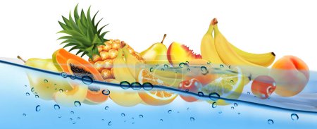 Téléchargez les illustrations : Fruits frais et baies sucrées dans l'eau transparente et la bulle d'oxygène. Ananas, banane, cerise, orange, goyave, poire, citron, pêche, mangue, papaye. Vecteur. - en licence libre de droit