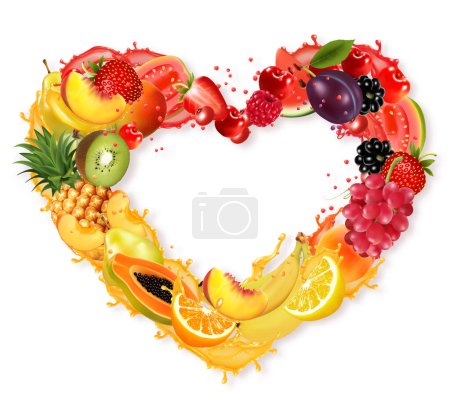 Téléchargez les illustrations : Fruits et baies en éclaboussures de jus encadrent la forme d'un cœur. Fraise, framboise, myrtille, mûre, orange, goyave, pastèque, ananas, mangue, pêche, pomme, kiwi, banane. Vecteur - en licence libre de droit