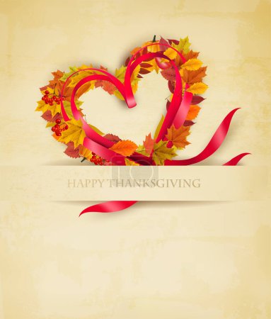 Téléchargez les illustrations : Fête Vintage Happy Thanksgiving fond. Feuilles de forêt colorées d'automne, baies, ruban rouge en forme de coeur. Vecteur. - en licence libre de droit