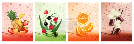 Téléchargez les illustrations : Ensemble d'étiquettes avec boissons aux fruits et légumes. Fruits frais éclaboussures d'eau ensemble- ananas, fraise, aloe vera, framboise, orange, chocolat, vanille dans l'eau éclaboussures de boisson. Vecteur - en licence libre de droit