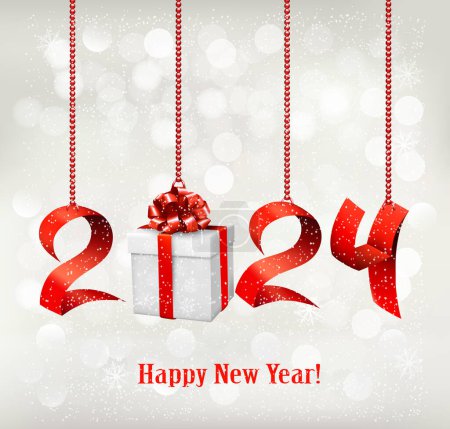 Illustration for 2024 New Year background with gift box and red ribbons. Vector. - Royalty Free Image