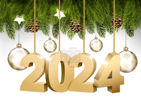 Illustration for Happy New Year and Christmas holiday frame with branches of tree garland and 2024 litters and transparent balls. Vector. - Royalty Free Image