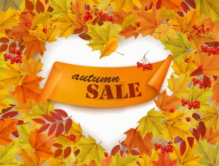 Illustration for Autumn sale frame with colorful autumn leaves  a heart shape. Vector - Royalty Free Image