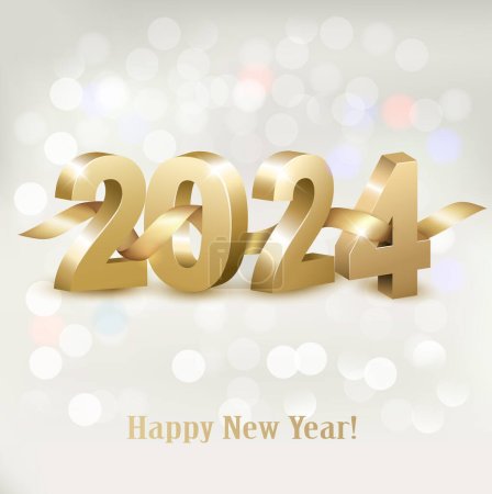 Merry Christmas and Happy New Year 2024. Golden 3D numbers with gold ribbon. Vector