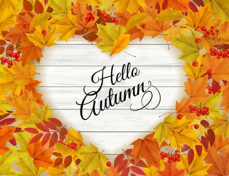 Illustration for Autumn nature frame with colorful autumn leaves  a heart shape on a wooden sign. Vector - Royalty Free Image