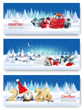 Téléchargez les illustrations : Trois bannières de Noël et de Nouvel An avec un paysage de village d'hiver, des boîtes-cadeaux et des numéros 2024. Vecteur. - en licence libre de droit
