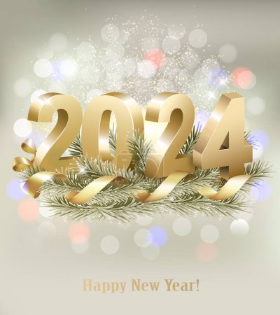 Téléchargez les illustrations : Joyeux Noël et bonne année 2024. Chiffres 3D dorés avec ruban doré et branche d'arbre de Noël. Vecteur - en licence libre de droit