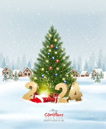 Fête de Noël avec village d'hiver, sapins enneigés et sapin pour les vacances avec 2024 numéros et boîte magique. Vecteur d'hiver, bannière, carte