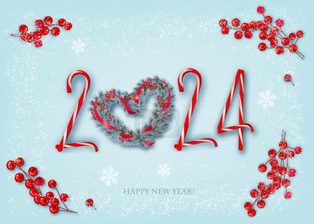 Illustration for Merry Christmas and Happy New Year background with a 2024, Branches of Christmas Tree the shape of a heart and red berries. Vector - Royalty Free Image