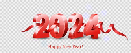 Illustration for Merry Christmas and Happy New Year 2024. Red 3D numbers with red ribbon on transparent background. Festive realistic design. Holiday party 2024 web poster. Vector - Royalty Free Image