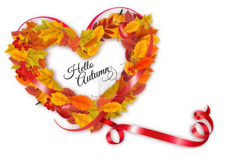 Téléchargez les illustrations : Feuilles de forêt colorées d'automne et baies rouges en forme de cœur encadrées d'un ruban rouge étincelant. Cadre de vente. Illustration vectorielle. - en licence libre de droit