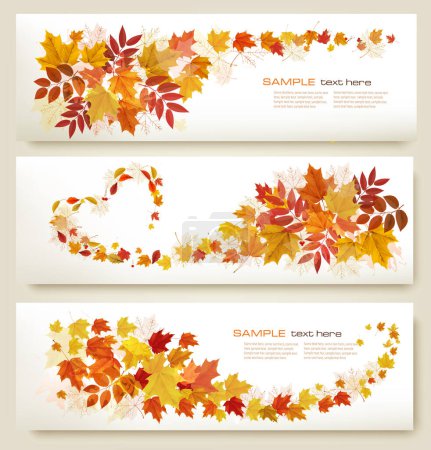 Ilustración de Tres banderas de otoño abstractas retro con hojas coloridas y bayas. Vector - Imagen libre de derechos