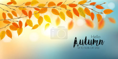 Illustration for Autumn nature background with branches with colorful leaves and sun. Vector illustration. - Royalty Free Image
