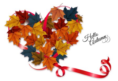 Téléchargez les illustrations : Feuilles de forêt colorées d'automne en forme de cœur encadrées par un ruban rouge étincelant. Cadre de vente. Illustration vectorielle. - en licence libre de droit