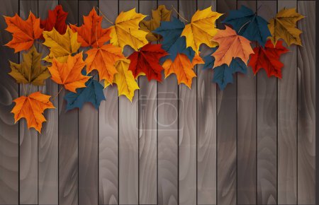 Illustration for Autumn nature background with colorful leaves on vintage wooden sign. Vector illustration. - Royalty Free Image