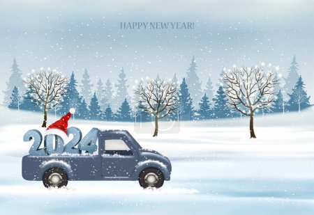 Ilustración de Navidad de vacaciones y feliz año nuevo fondo con paisaje nocturno y coche azul con 2024 números y sombrero de Santa. Ilustración de invierno, bandera, vector - Imagen libre de derechos