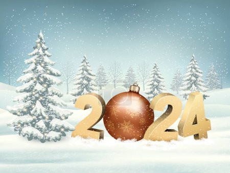Téléchargez les illustrations : Joyeux Noël et Nouvel An Fond de paysage de vacances avec un 2024 et une boule d'arbre de Noël. Vecteur. - en licence libre de droit