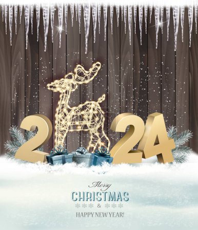 Ilustración de Feliz Navidad y Feliz Año Nuevo Fondo de vacaciones con cajas de regalo, ciervos brillantes y números dorados de 2024. Vector. - Imagen libre de derechos