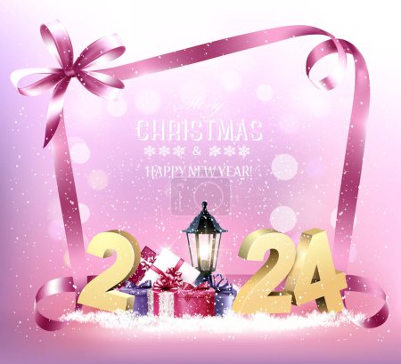 Photo for Merry Christmas and New Year Holiday background with 2024 and colorful gift boxes. Vector. - Royalty Free Image