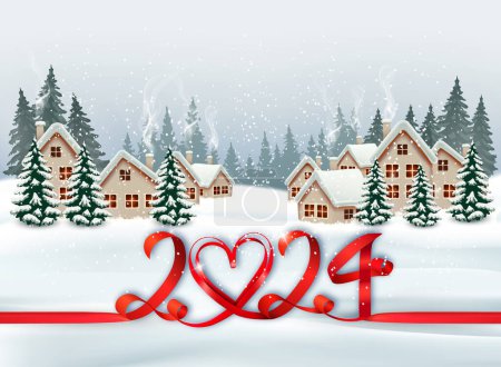 Téléchargez les illustrations : Fête Noël et Bonne Année fond avec un village d'hiver et des arbres et ruban rouge avec 2024 numéros. Vecteur. - en licence libre de droit