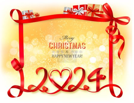 Photo for Merry Christmas and Happy New Year background with numbers 2024 made from red ribbon. Vector. - Royalty Free Image