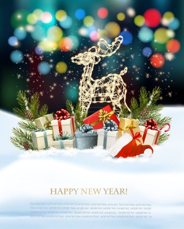 Téléchargez les illustrations : Joyeux Noël et Happy New Year fond avec des boîtes-cadeaux colorés, cerf lumineux et chapeau de Père Noël. Vecteur. - en licence libre de droit