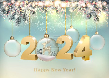 Photo for Abstract holiday christmas light background with gold 2024 numbers and transparent balls. Vector illustration - Royalty Free Image