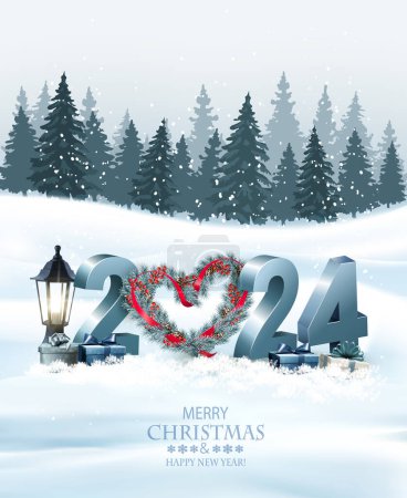 Illustration for Merry Christmas and Happy New Year Holiday background with gift boxes, Christmas wreath and blue glitter 2024 numbers. Vector. - Royalty Free Image