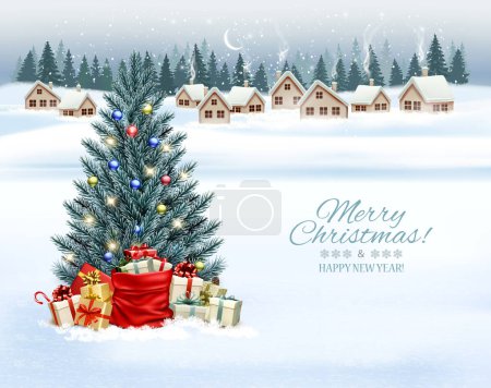 Photo for Holiday Christmas and Happy New Year background with a winter village and  christmas tree and colorful presents. Vector. - Royalty Free Image