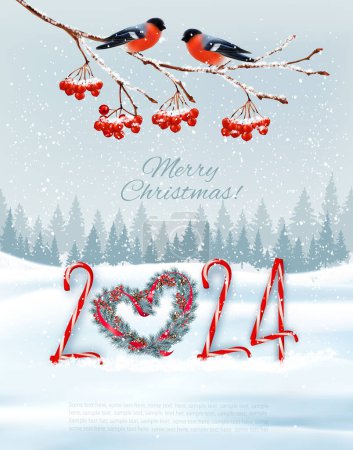 Illustration for Holiday Christmas background and Happy New Year with red bullfinches on branch of a christmas tree and 2024 numbers. Vector - Royalty Free Image
