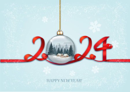 Photo for Merry Christmas and Happy New Year background with numbers 2024 from a red ribbon and a transparent ball with a landscape of a winter village inside the ball. Festive realistic design. Vector - Royalty Free Image